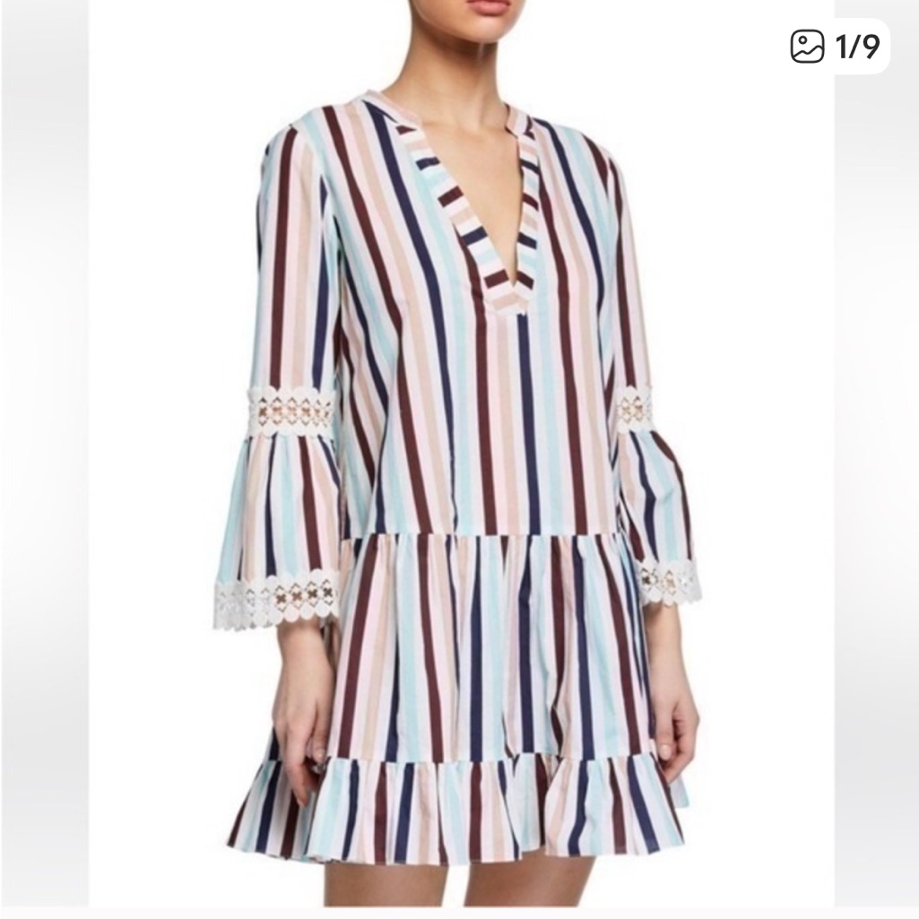 Shoshanna Umbrella Stripe Lace Trim Long Sleeve Tiered Swim Coverup